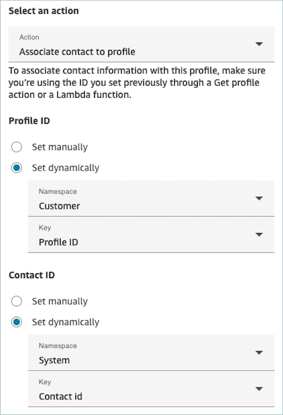 
                    The properties page of the Customer Profiles AssociateContactToProfile
                        block.
                