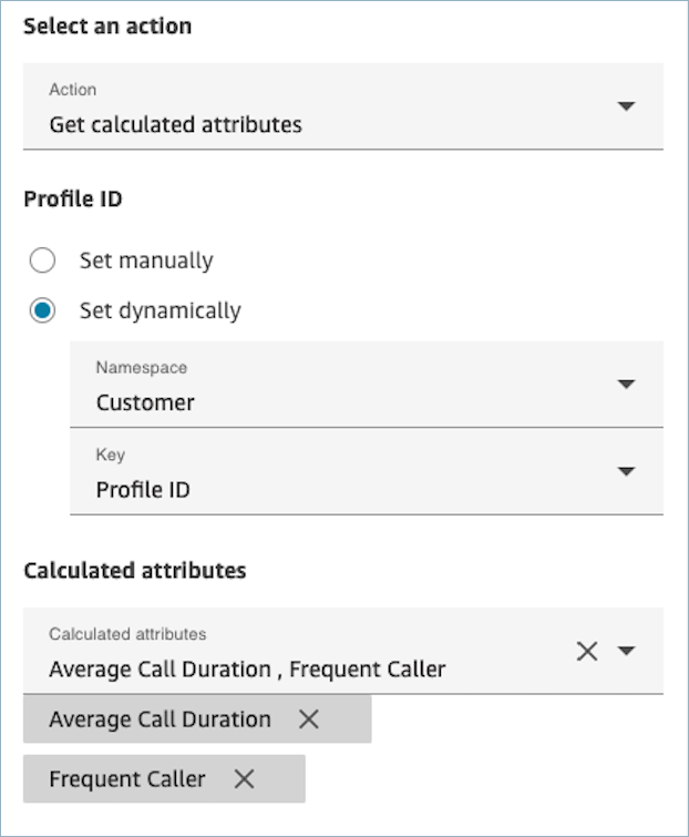 
                    The properties page of the Customer Profiles GetCalculatedAttributes
                        block.
                