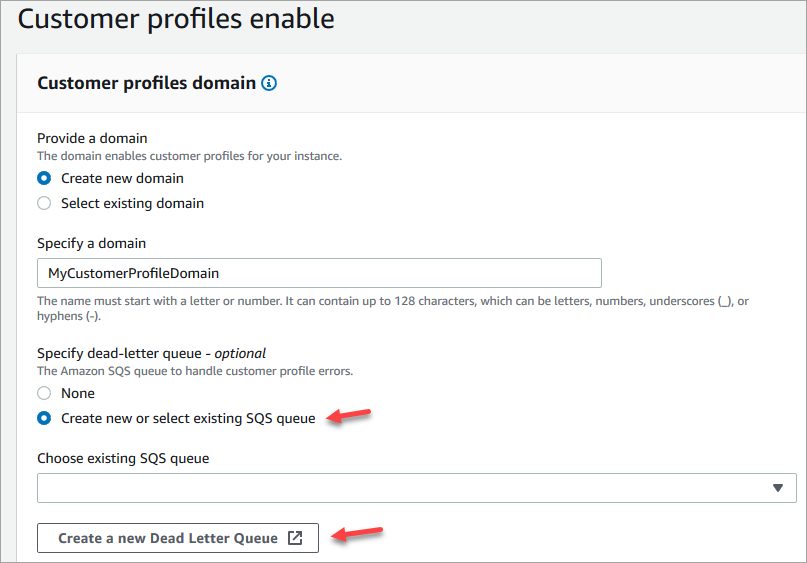 
                                    The option for Create new or select existing SQS
                                        queue.
                                