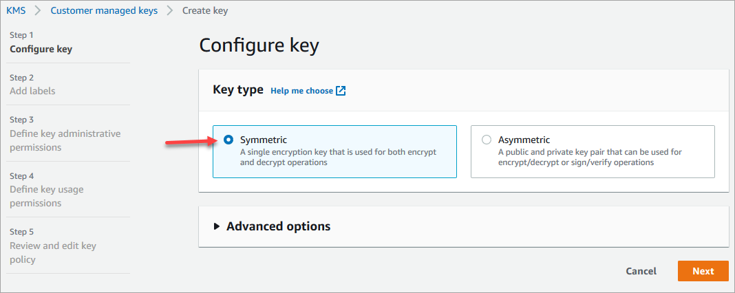 
        The Configure key page, Symmetric option.
       