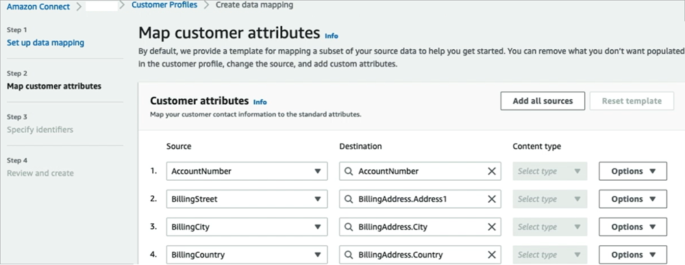 The Amazon Connect navigation menu, the Map customer attributes page.
