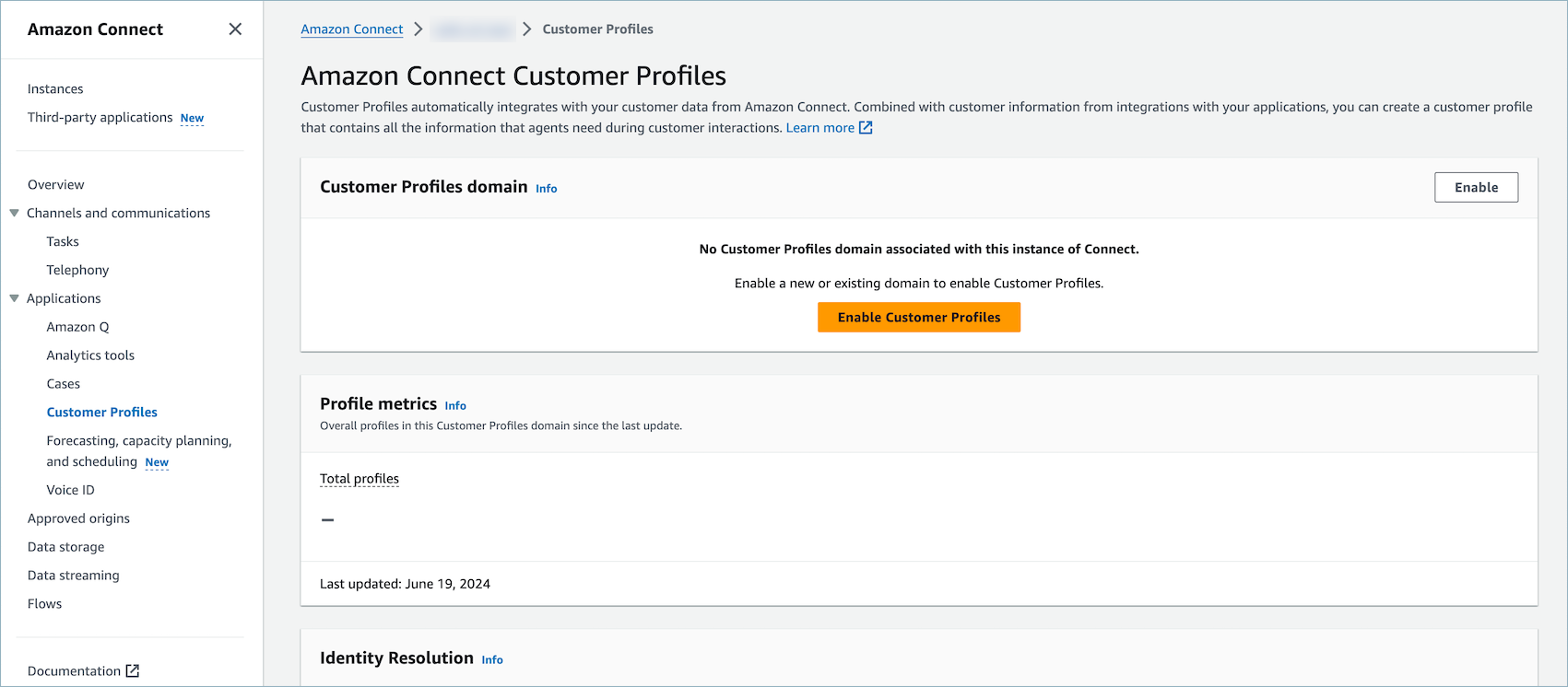 The customer profile page, the Enable customer profiles button.