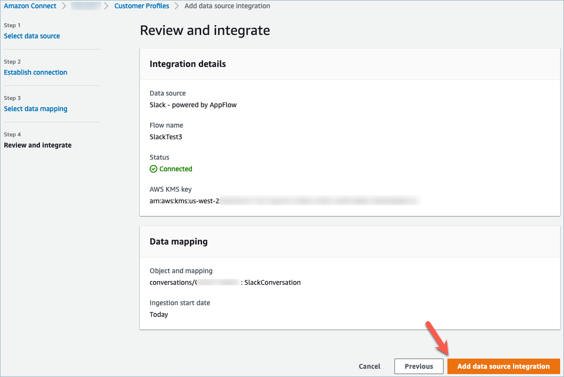 
                                    Review and integrate page, add data source integration
                                        button.
                                