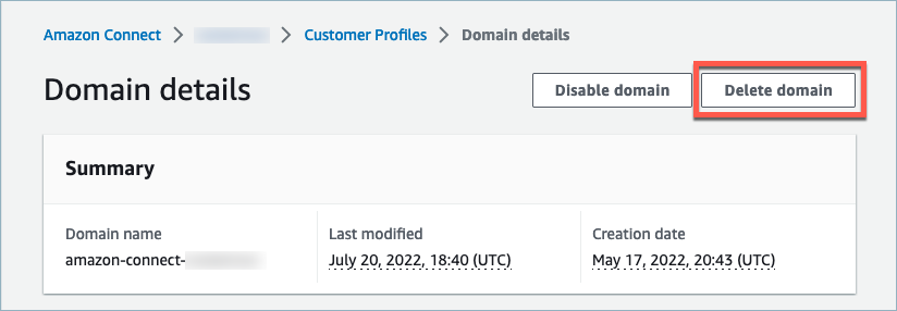The Amazon Connect Customer Profiles delete domain page, the delete domain button.