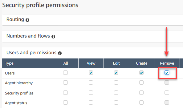 The users and permissions section of the security profiles page, Users option.