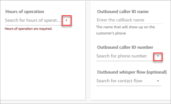 The add new queue page, the hours of operation dropdown list, the outbound caller id number dropdown list.