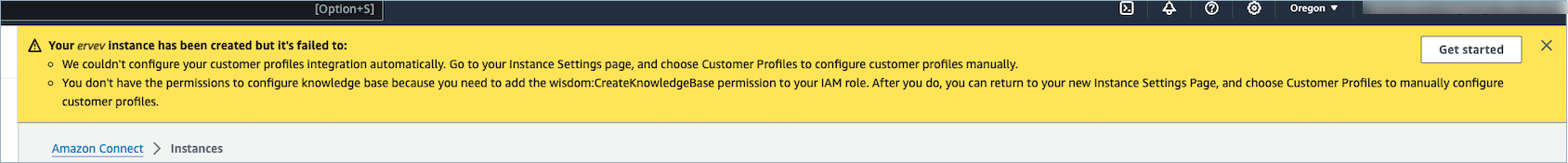 Warning banner showing permission issues or failed resource creation during instance setup.