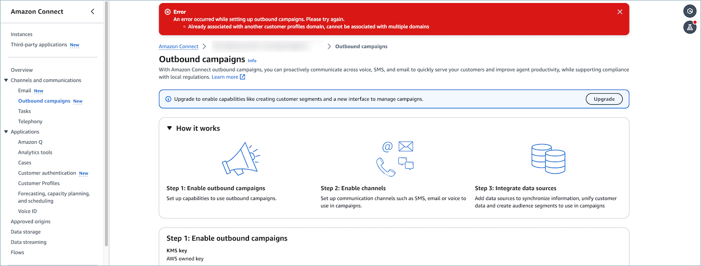 Error message indicating a campaign is already associated with another customer profiles domain.