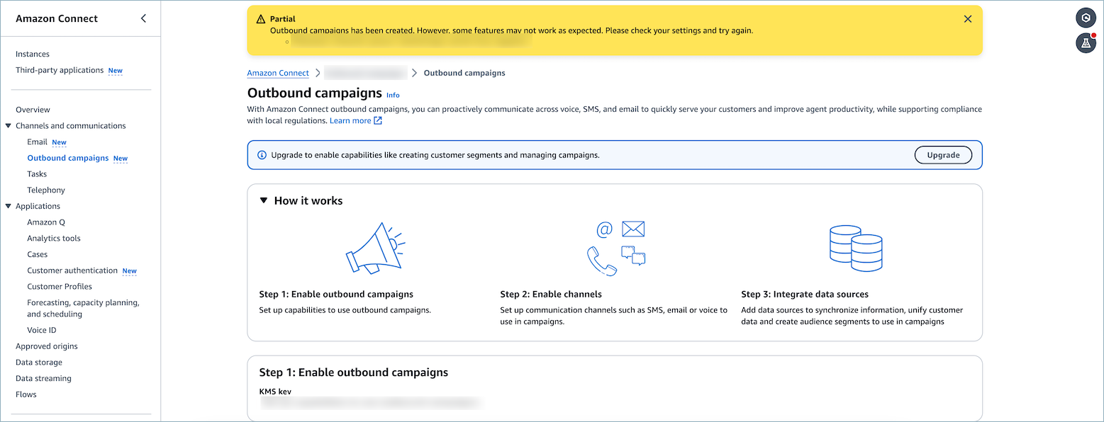 Warning message showing partial success with outbound campaigns creation but with potential issues.