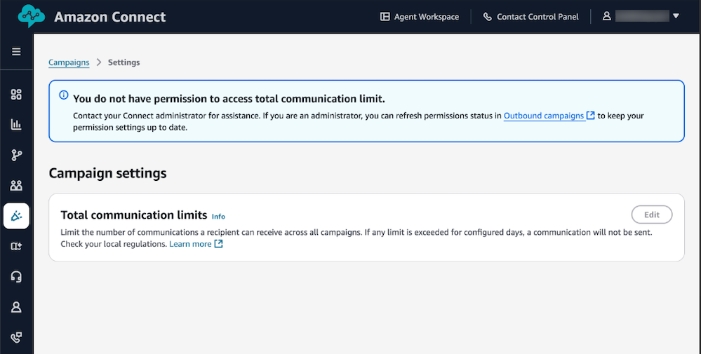 Warning banner showing total communications limits permission issues.