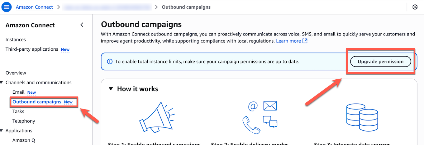 Upgrade permission button in the Outbound campaigns section of the Amazon Connect admin website