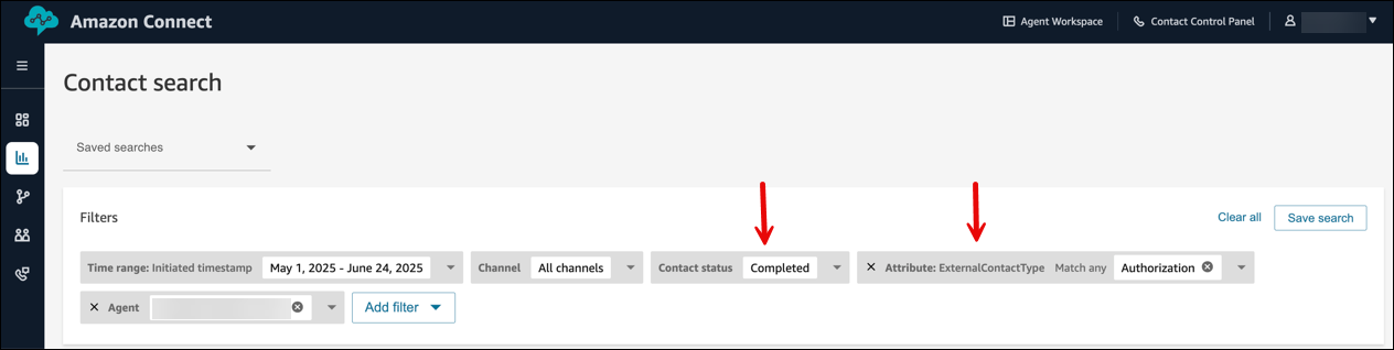 A contact search for completed contacts with Attribute = ExternalContactType.