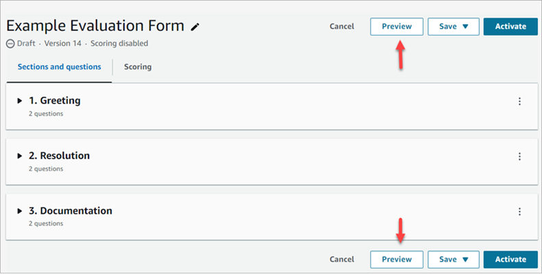 
                        The evaluation form page, the preview button.
                    