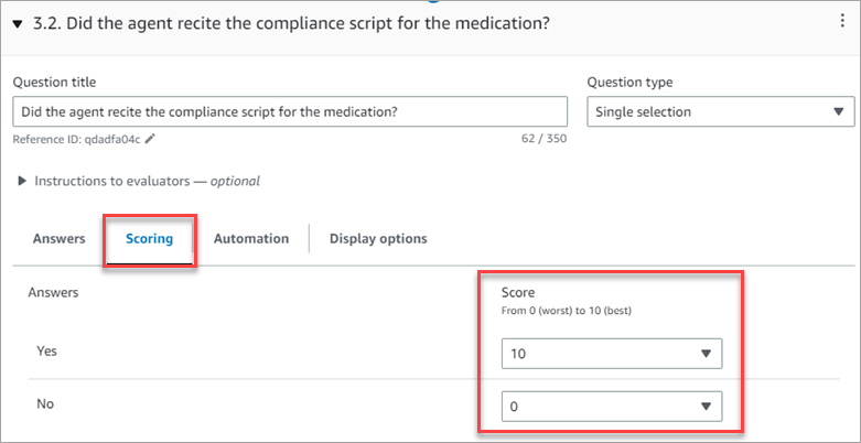 The evaluation form page, the scoring tab.