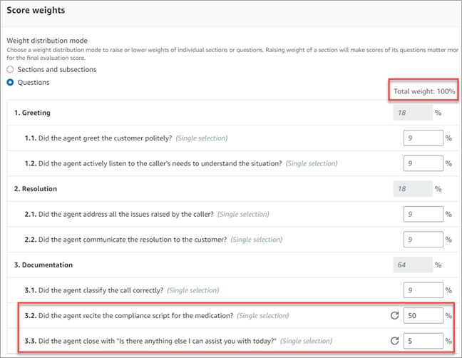 The evaluation form page, the scoring tab, the score weights section.