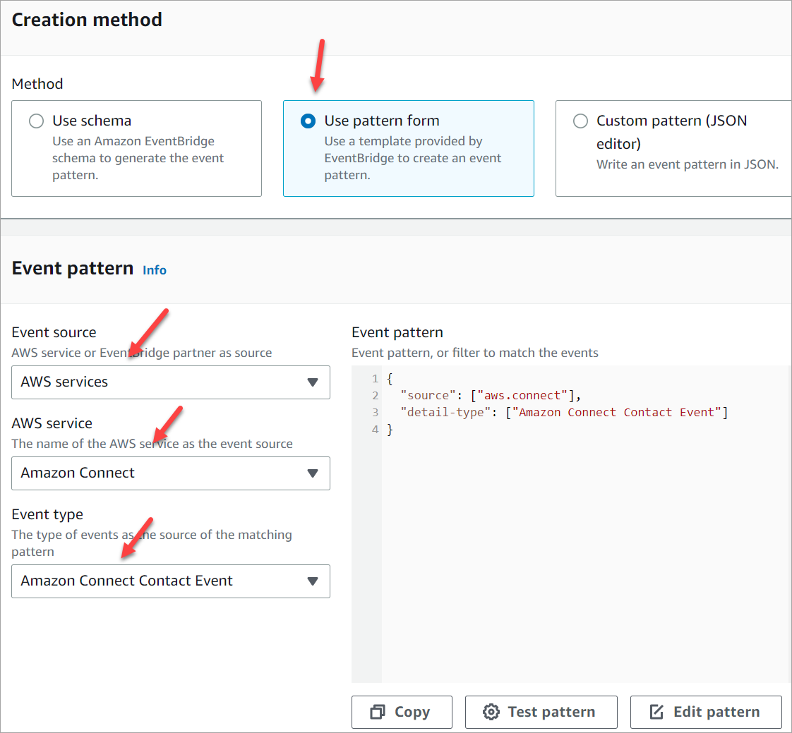 
                        The Creation method and event pattern sections of the default rule
                            detail page. 
                    