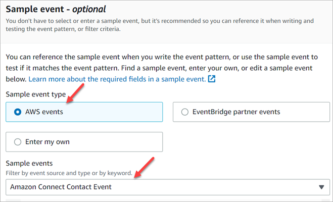 
                        The sample event section, sample event type is AWS events.
                    