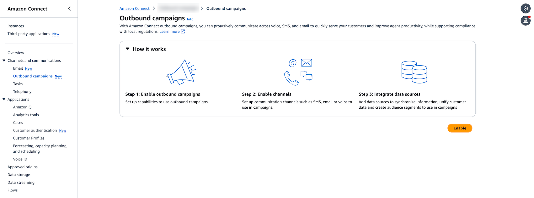 Outbound campaigns page showing the Enable button for first-time setup.