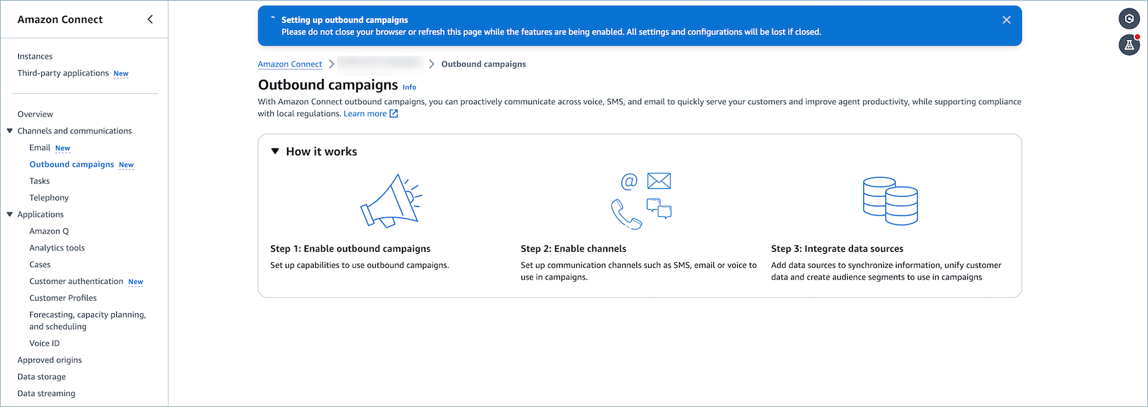 Notification banner indicating resources are being created for outbound campaigns.