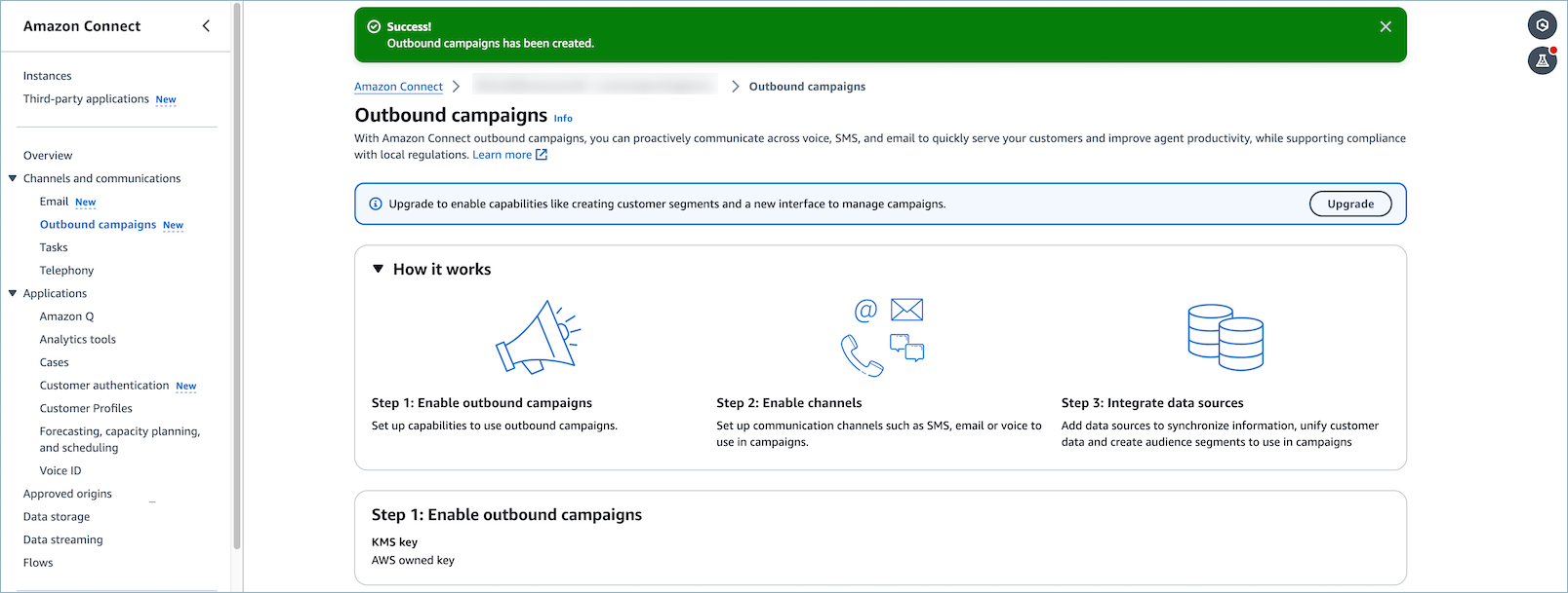 Success banner confirming outbound campaigns have been successfully enabled.