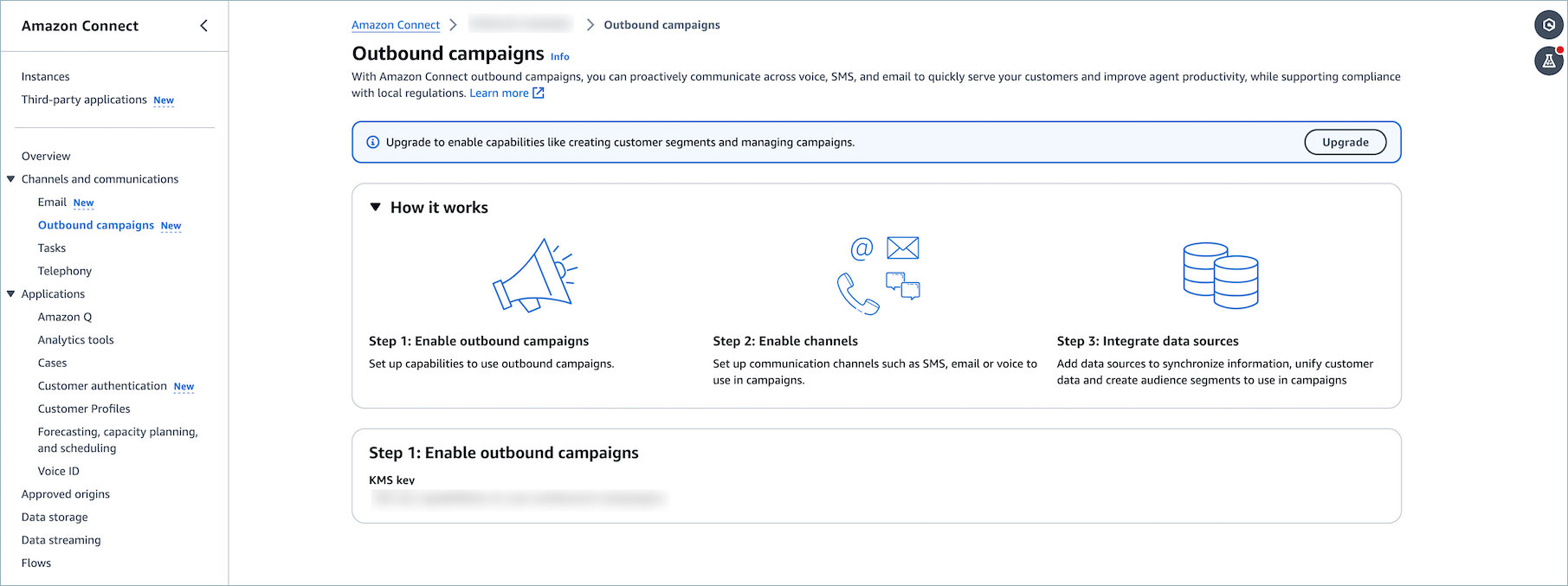 Outbound campaigns page showing the Upgrade button for previously enabled campaigns.
