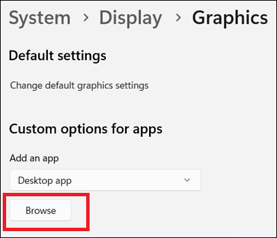 Windows Settings, Graphics, Browse button.
