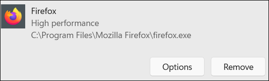 The Options button for Firefox High Performance.
