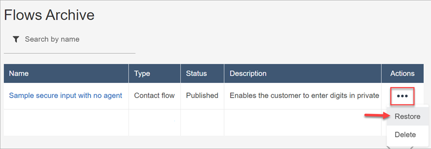 The Amazon Connect Flows Archive page showing the restore option in the Actions menu for an archived flow.