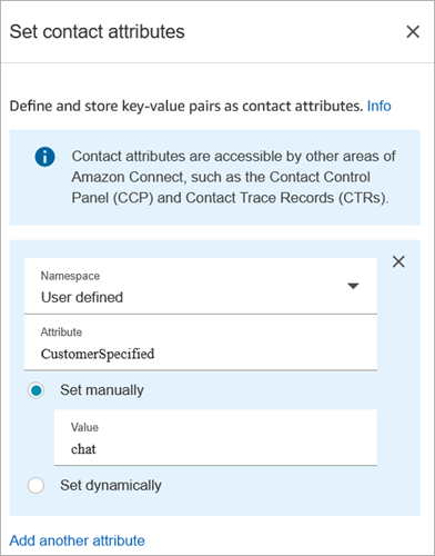 
              The properties page of the Set contact attributes block. Namespace is set to
                User defined, Value set to chat.
            