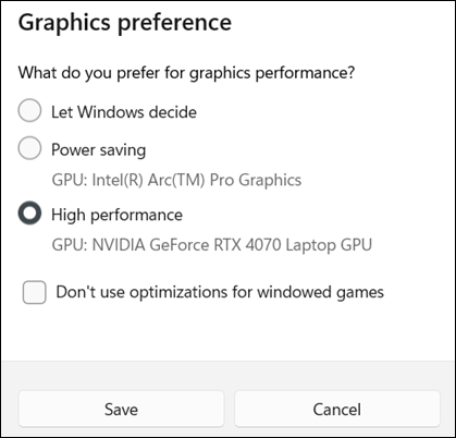 The Graphic preference page, the High performance option.