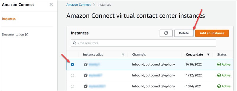 
                            The Amazon Connect virtual contact center instances page, the delete
                                button.
                        
