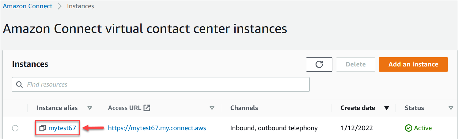 The Amazon Connect virtual contact center instances page, the instance alias.