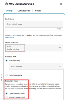 The Select an action box set to Invoke Lambda, the Execution mode options.