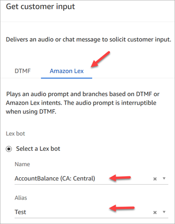 The Amazon Lex tab on the Properties page of the Get customer input block.