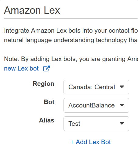The Amazon Lex section of the flows page.