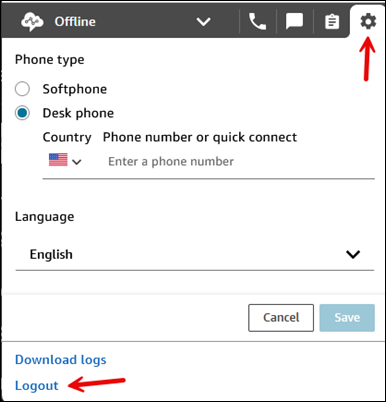 The Contact Control Panel, the Settings icon, the Logout option.