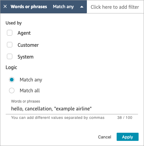 The Words or phrases dialog box, the Match any option.