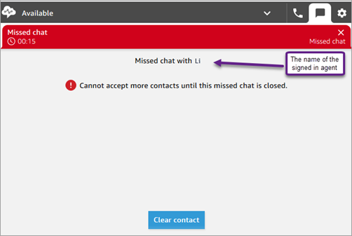 The CCP, a missed chat, the name of the agent who is logged in.