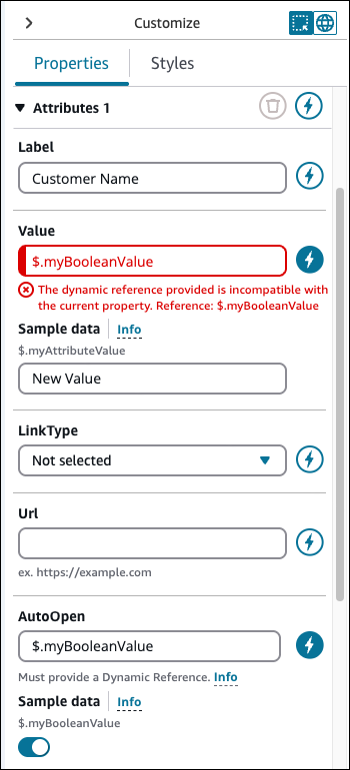 The Customize panel, an error message because the dynamic reference doesn't match the expected type in the field.