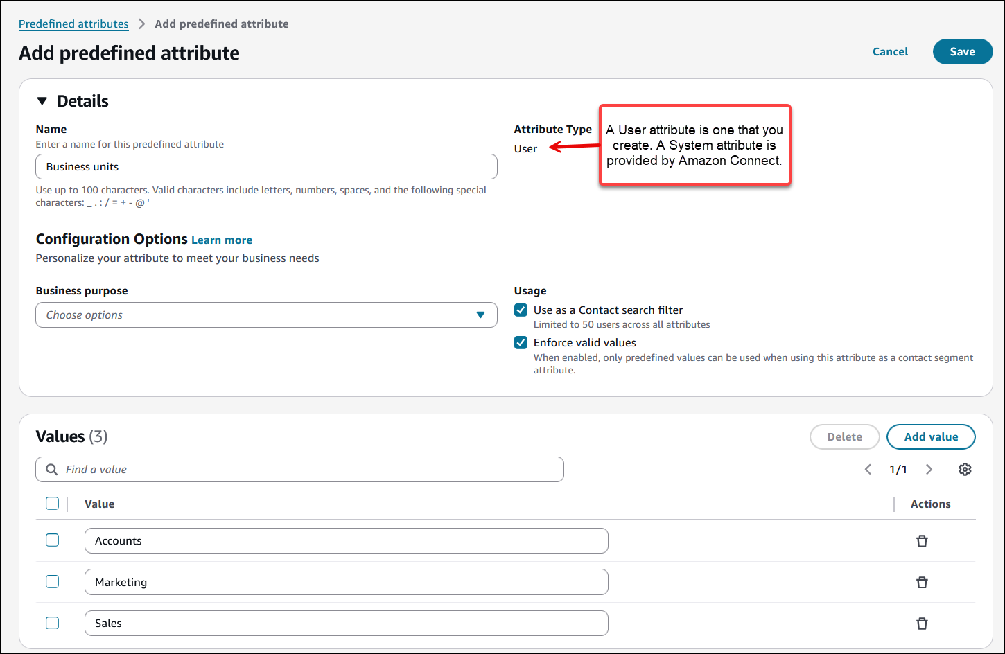 Choose Save to save the attribute and values.