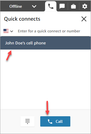 
                            The quick connects page in the CCP, an entry for John Doe's cell
                                phone.
                        