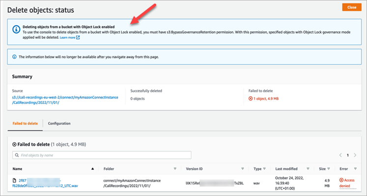 
                            The Amazon S3 console, Delete objects status notification.
                        