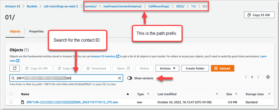 
                            The Amazon S3 console, the search box, the path prefix.
                        