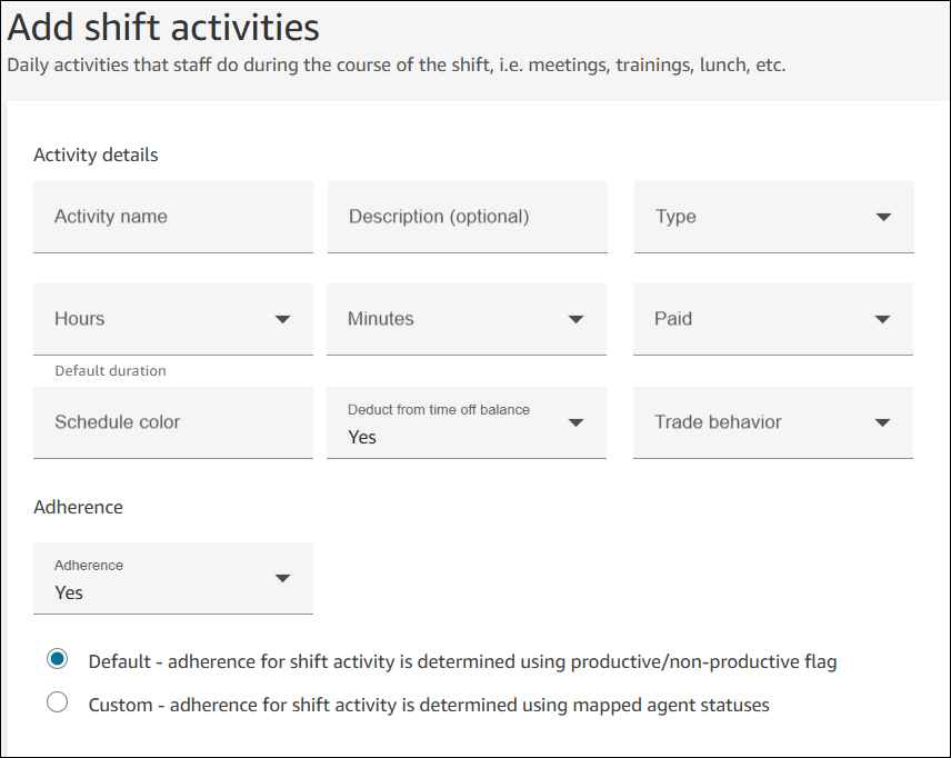 
                        Scheduling shift activity descriptions.
                    