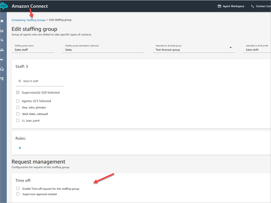 The Request management section of the Edit staffing group page.