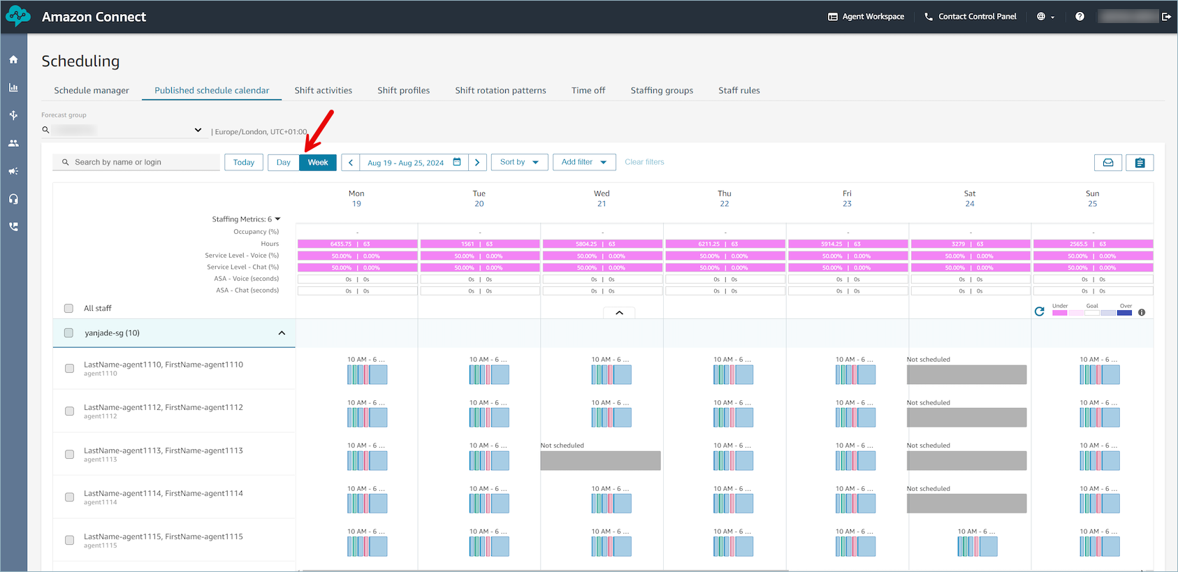 A Week view where manager searched for agents with first name, last name or login ID with the string sal, sorted by their shift start times.