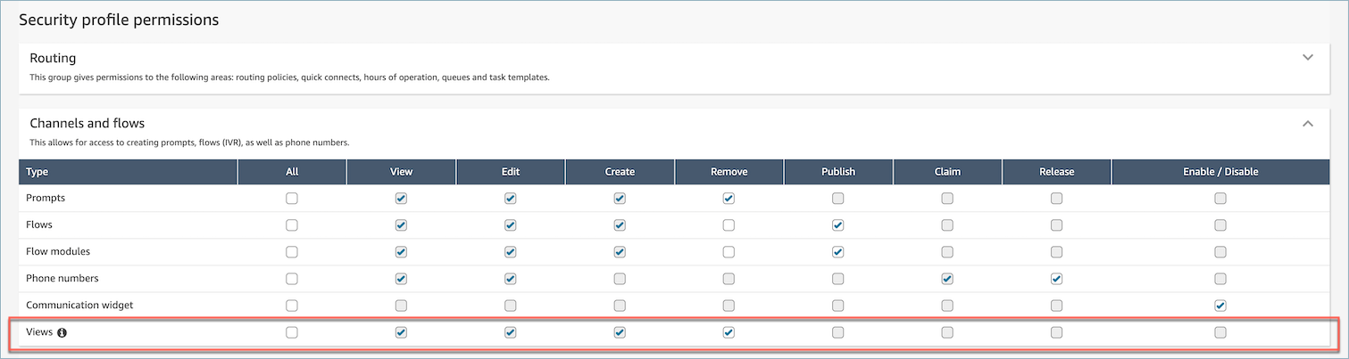 The Security profile permissions page, showing the flows and views permissions.