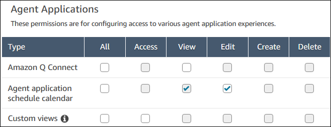 
                            The security profiles page, the agent applications section, the
                                agent application schedule calendar permission.
                        