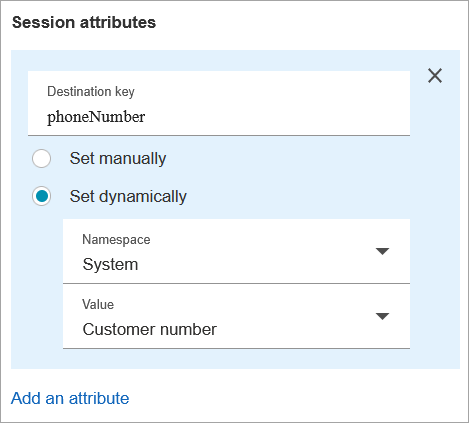 The properties page of the Get customer input block, the Session attributes section.