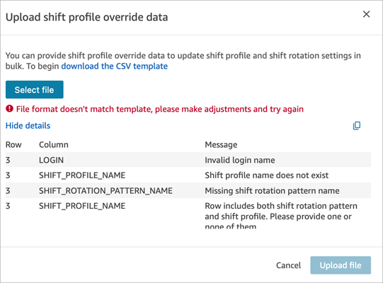 Error messages when a .csv file upload doesn't have the correct format.